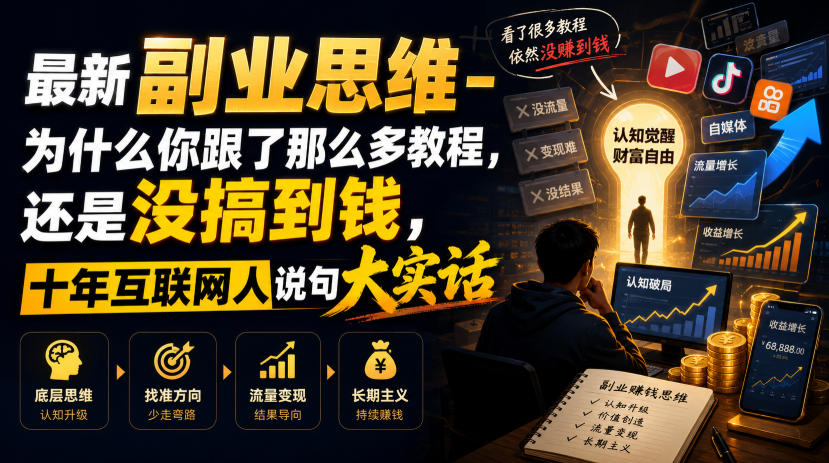 最新副业思维-为什么你跟了那么多教程，还是没搞到钱，十年互联网人说句大实话【揭秘】-52项目站