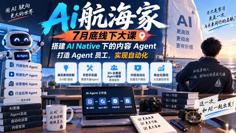 Ai航海家7月底线下大课-无水印,搭建AI Native下的内容Agent,打造Agent员工,实现自动化-52项目站