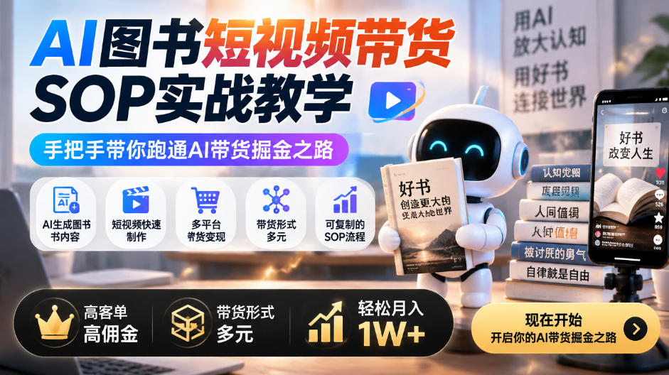AI图书短视频带货SOP实战教学,手把手带你跑通AI带货掘金之路,高客单高佣金,带货形式多元,轻松月入1W+-52项目站