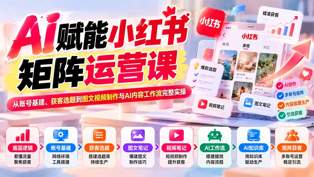 AI赋能小红书矩阵运营课:从账号基建、获客选题到图文视频制作与AI内容工作流完整实操-52项目站