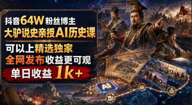 抖音64W粉丝博主大驴说史亲授AI历史课，可以上精选独家，全网发布收益更可观，单日收益1k+-52项目站