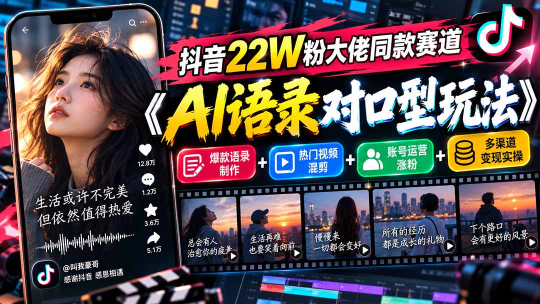 抖音22W粉大佬同款赛道《AI语录对口型玩法》:爆款语录制作+热门视频混剪+账号运营涨粉+多渠道变现实操-52项目站