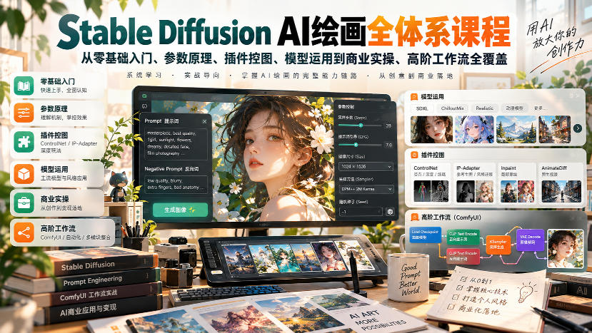 【无水印】Stable Diffusion AI绘画全体系课程，从零基础入门、参数原理、插件控图、模型运用到商业实操、高阶工作流全覆盖-52项目站