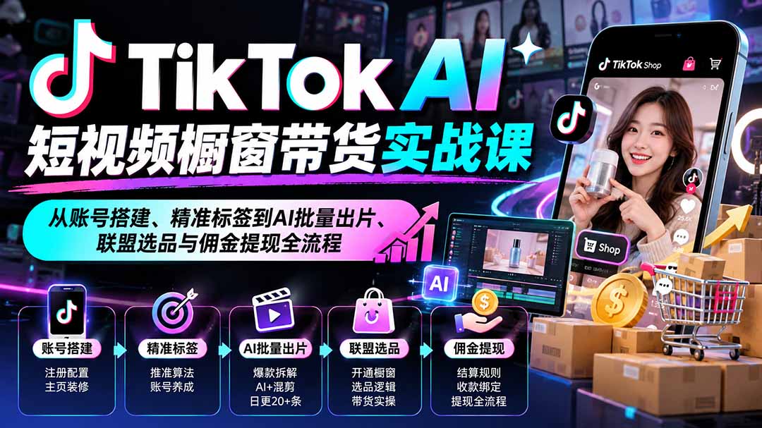 TikTok AI短视频橱窗带货实战课：从账号搭建、精准标签到AI批量出片、联盟选品与佣金提现全流程-52项目站