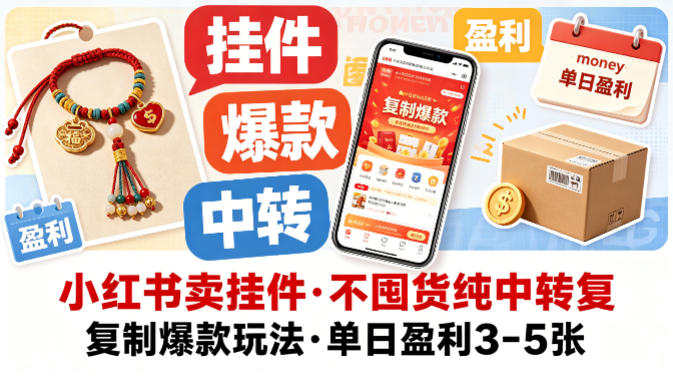 小红书卖挂件，不囤货纯中转复制爆款玩法，单日盈利3-5张-52项目站