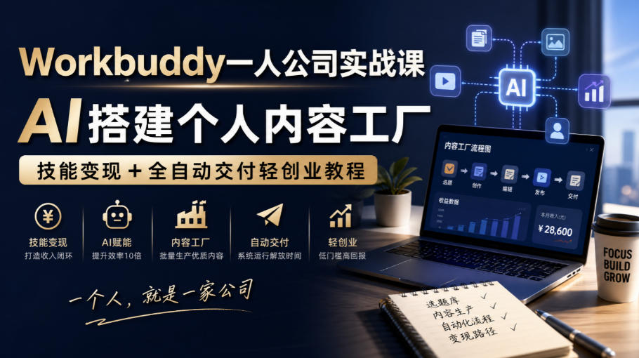 Workbuddy一人公司实战课，AI搭建个人内容工厂，技能变现+全自动交付轻创业教程​-52项目站