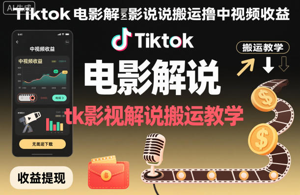 Tiktok电影解说搬运撸中视频收益,tk影视解说搬运教学-52项目站