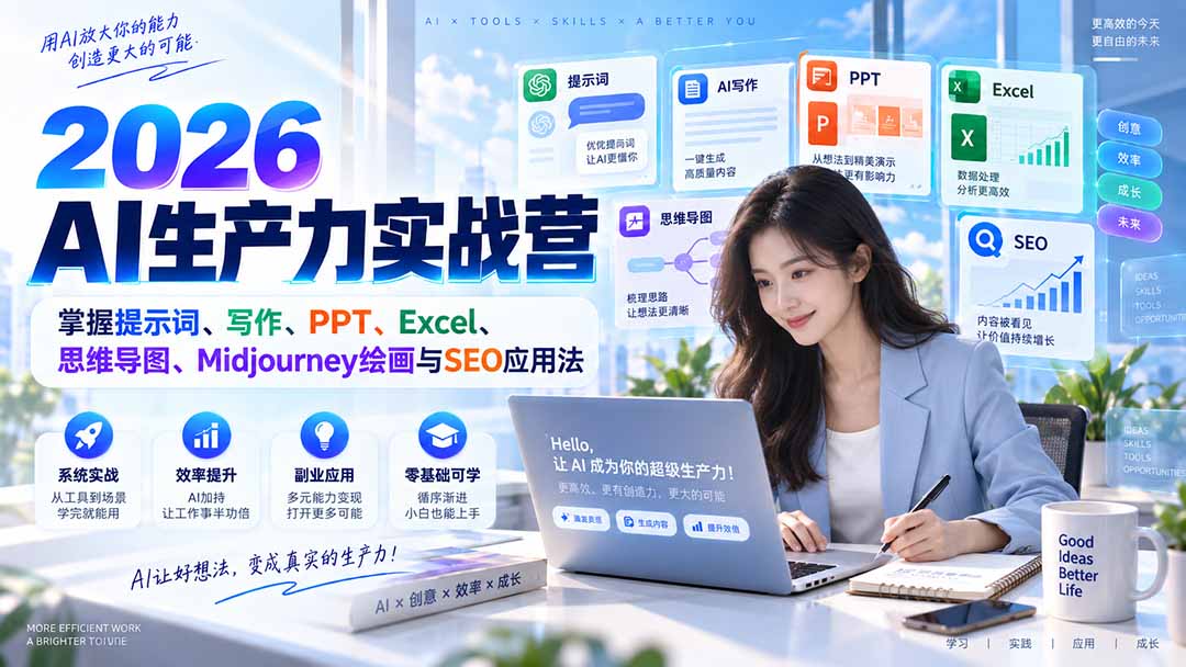 2026AI生产力实战营:掌握提示词、写作、PPT、Excel、思维导图、Midjourney绘画与SEO应用法-52项目站