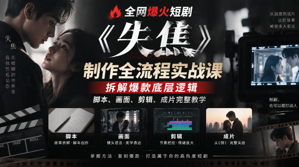 全网爆火短剧《失焦》制作全流程实战课｜拆解爆款底层逻辑，脚本、画面、剪辑、成片完整教学-52项目站