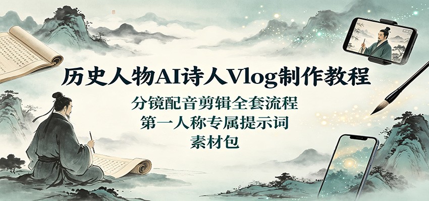 历史人物AI诗人Vlog制作教程：分镜配音剪辑全套流程，第一人称专属提示词素材包-52项目站