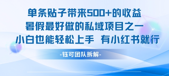 单条贴子带来5张的收益，暑假最好做的私域项目之一，小白也能轻松上手，有小红书就行-52项目站