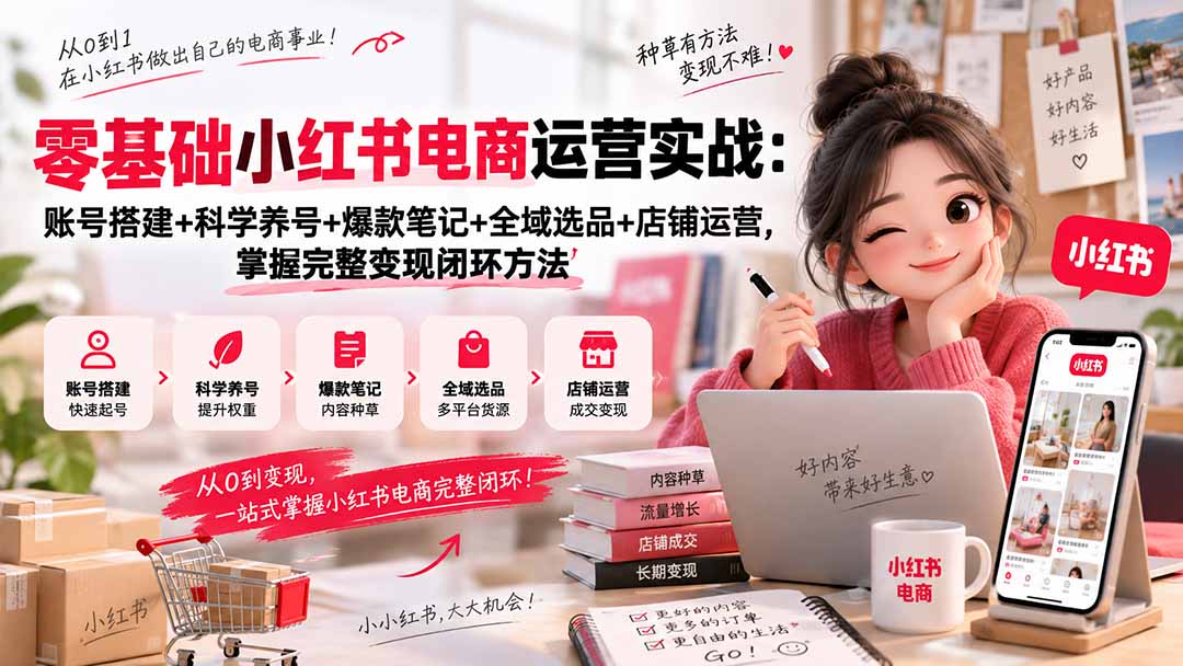 零基础小红书电商运营实战：账号搭建+科学养号+爆款笔记+全域选品+店铺运营，掌握完整变现闭环方法-52项目站