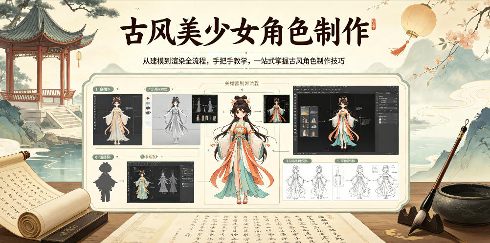 古风美少女角色制作,从建模到渲染全流程,手把手教学,一站式掌握古风角色制作技巧-52项目站