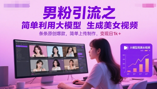 男粉引流之简单利用大模型生成美女视频，条条原创爆款，简单上传制作，变现日1k+-52项目站