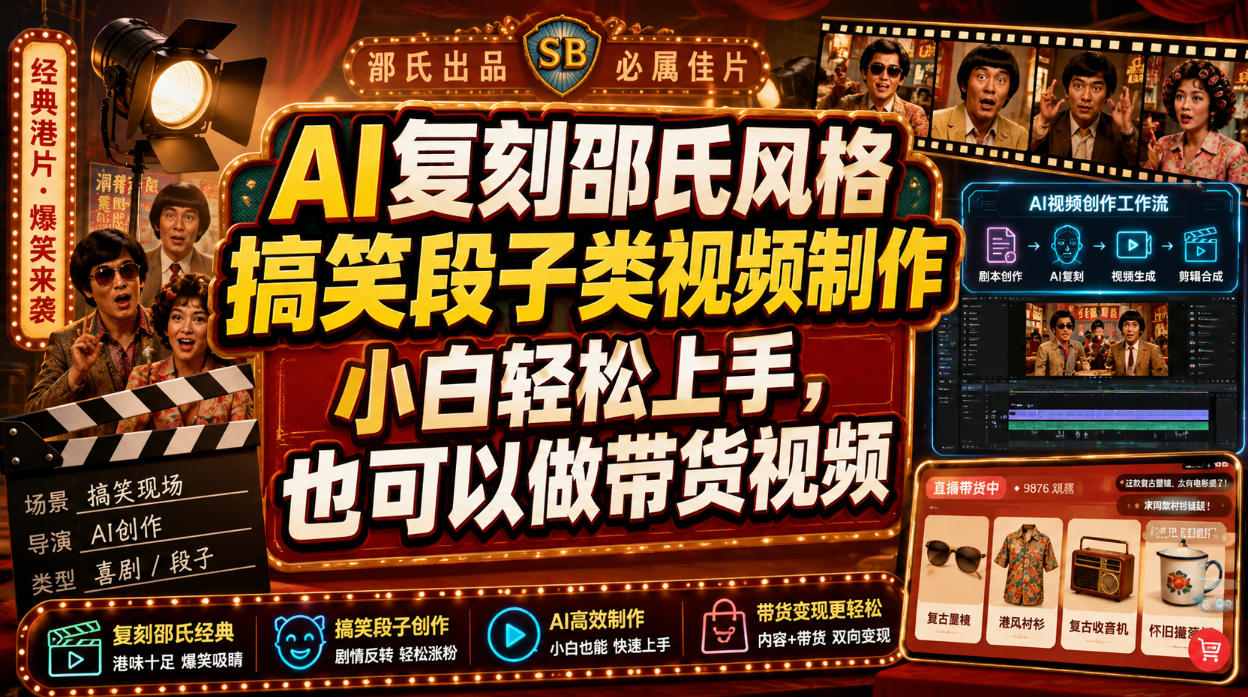 AI复刻邵氏风格搞笑段子类视频制作，小白轻松上手，也可以做带货视频-52项目站