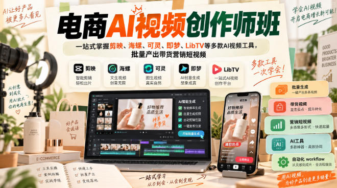 电商AI视频创作师班，一站式掌握剪映、海螺、可灵、即梦、LibTV等多款AI视频工具，批量产出带货营销短视频-52项目站