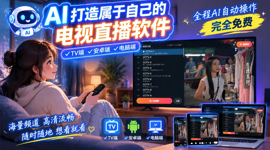 一个提示词，AI全自动做出电视直播软件，电脑、安卓、电视三端通用，完全免费，画质流畅不卡顿-52项目站