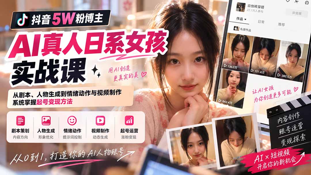 抖音5W粉博主AI真人日系女孩实战课：从剧本、人物生成到情绪动作与视频制作，系统掌握起号变现方法-52项目站