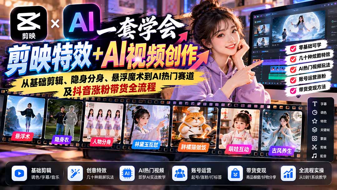 一套学会剪映特效+AI视频创作:从基础剪辑、隐身分身、悬浮魔术到AI热门赛道及抖音涨粉带货全流程-52项目站