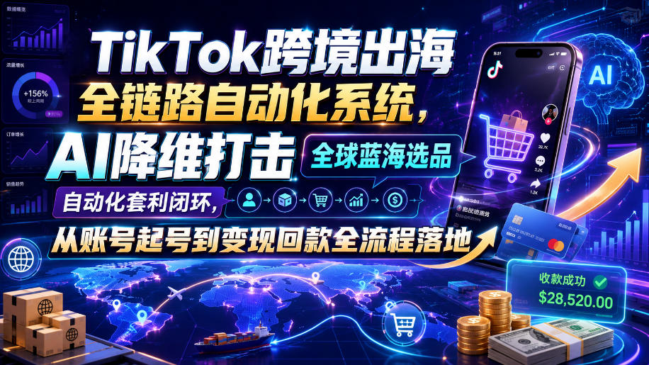 TikTok跨境出海全链路自动化系统，AI降维打击全球蓝海选品自动化套利闭环，从账号起号到变现回款全流程落地(2026年7月)-52项目站