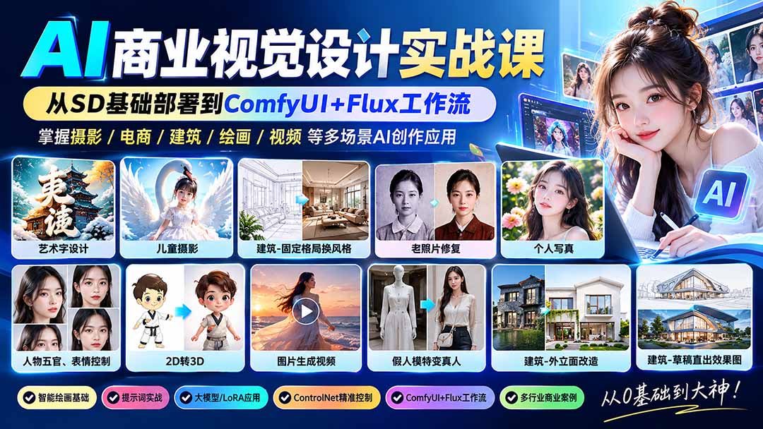 【无水印】AI商业视觉设计实战课:从SD基础部署到ComfyUI+Flux工作流,掌握摄影电商建筑AI创作-52项目站