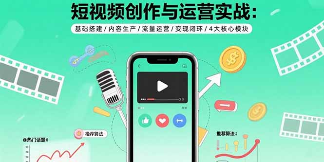 短视频创作与运营实战：基础搭建/内容生产/流量运营/变现闭环/4大核心模块-52项目站