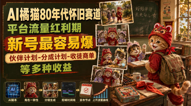 AI橘猫80年代怀旧赛道，平台流量红利期，新号最容易爆，伙伴计划-分成计划-收徒商单等多种收益-52项目站