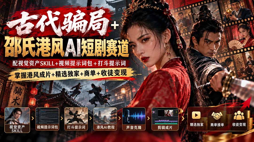 古代骗局+邵氏港风AI短剧赛道：配视觉资产SKILL+视频提示词包+打斗提示词，掌握港风成片+精选独家+商单+收徒变现-52项目站