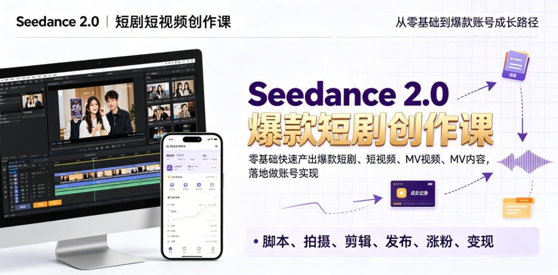 Seedance 2.0短剧短视频创作课，零基础快速产出爆款短剧、短视频、MV内容，落地做账号实现变现-52项目站