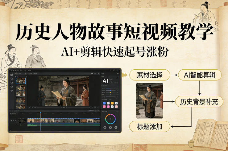 历史人物故事短视频教学，AI+剪辑制作历史人物题材短视频，快速起号涨粉-52项目站