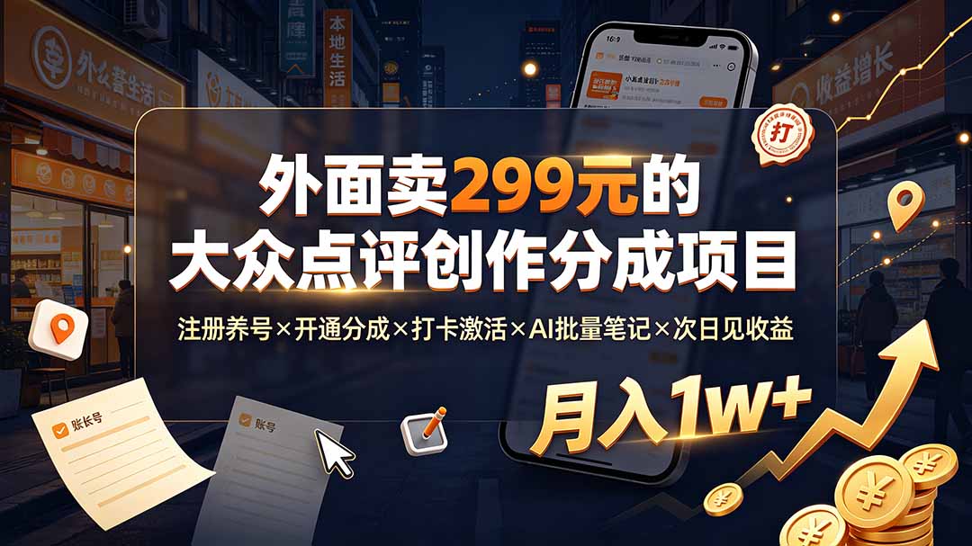 外面卖299元的大众点评创作分成项目：注册养号×开通分成×打卡激活×AI批量笔记×次日见收益，月入1w+-52项目站