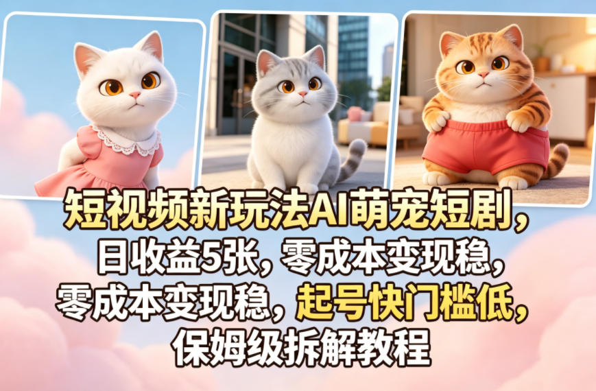 短视频新玩法AI萌宠短剧，日收益5张，零成本变现稳，起号快门槛低，保姆级拆解教程-52项目站
