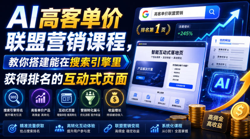 AI高客单价联盟营销课程，教你搭建能在搜索引擎里获得排名的互动式页面，引来流量，把访客转化为高佣金的成交【原创双语字幕】-52项目站