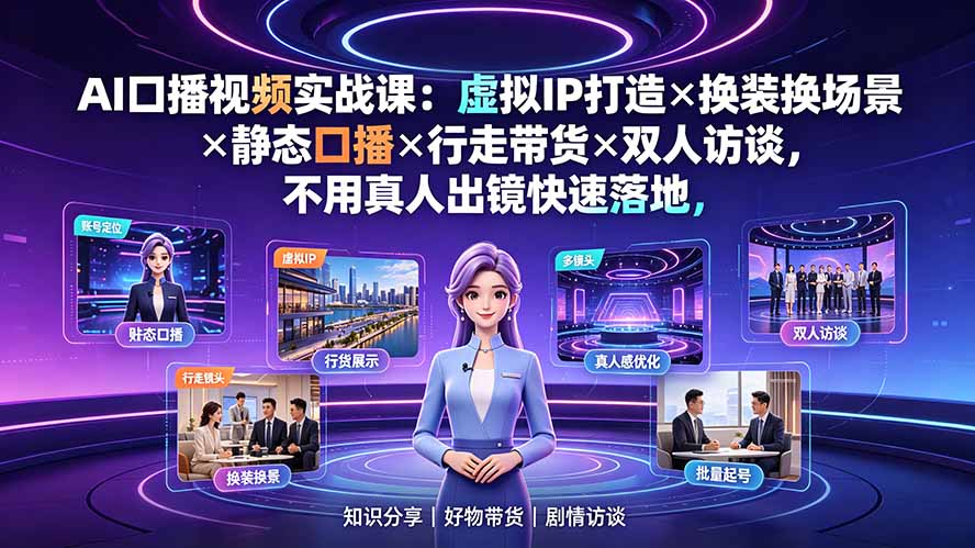 AI口播视频实战课：虚拟IP打造×换装换场景×静态口播×行走带货×双人访谈，不用真人出镜快速落地-52项目站