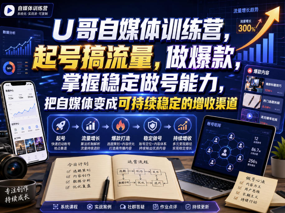 U哥自媒体训练营，起号搞流量，做爆款，掌握稳定做号能力，把自媒体变成可持续稳定的增收渠道-52项目站