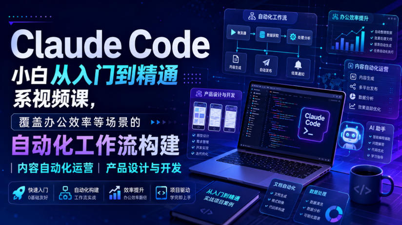 Claude Code小白从入门到精通系视频课，覆盖办公效率等场景的自动化工作流构建|内容自动化运营|产品设计与开发-52项目站