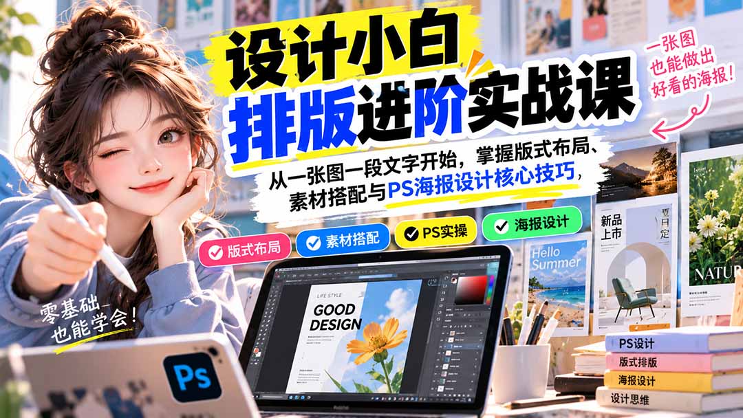 设计小白排版进阶实战课：从一张图一段文字开始，掌握版式布局、素材搭配与PS海报设计核心技巧-52项目站