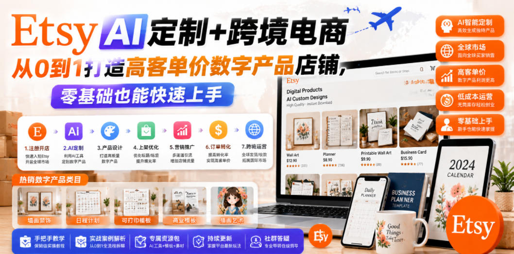 Etsy AI定制+跨境电商,从0到1打造高客单价数字产品店铺,零基础也能快速上手-52项目站