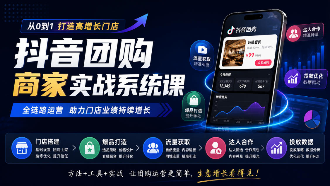 抖音团购商家实战系统课|门店搭建、爆品打造、流量获取、达人合作、投放数据全链路运营-52项目站