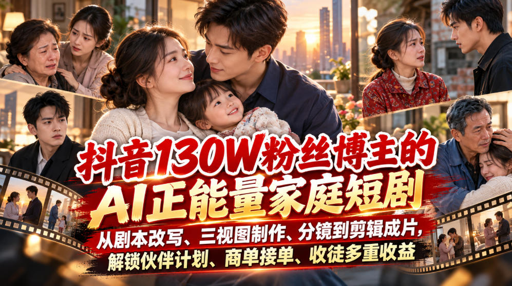抖音130W粉丝博主的AI正能量家庭短剧,从剧本改写、三视图制作、分镜到剪辑成片,解锁伙伴计划、商单接单、收徒多重收益(更新1007)-52项目站