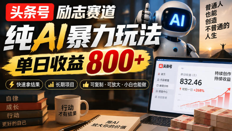 头条号励志赛道,纯AI暴力玩法,单日收益800+,快速拿结果,长期项目-52项目站