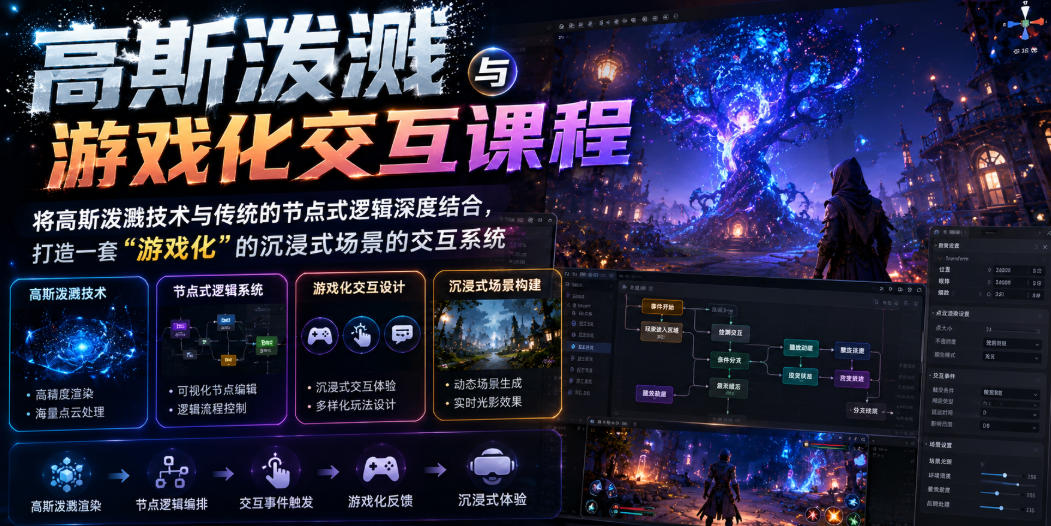 高斯泼溅与游戏化交互课程，将高斯泼溅技术与传统的节点式逻辑深度结合，打造一套“游戏化”的沉浸式场景的交互系统-52项目站
