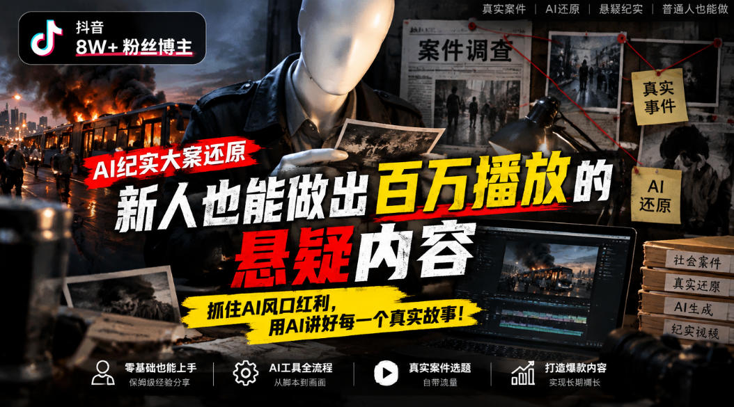 抖音8W粉丝博主的AI纪实大案还原教学,新人也能做出百W播放的悬疑内容,抓住AI风口红利,用AI讲好每一个真实故事-52项目站