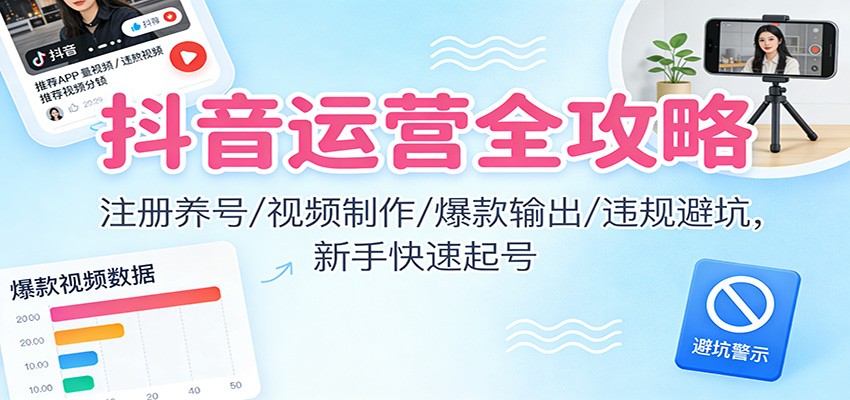 抖音运营全攻略:注册养号/视频制作/爆款输出/违规避坑,新手快速起号-52项目站