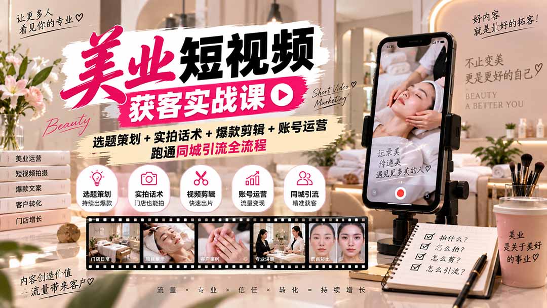 美业短视频获客实战课-无水印：选题策划+实拍话术+爆款剪辑+账号运营，跑通同城引流全流程-52项目站