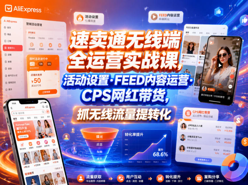 速卖通无线端全运营实战课,活动设置・FEED内容运营・CPS网红带货,抓无线流量提转化-52项目站