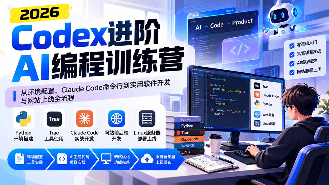 Codex进阶AI编程训练营:从环境配置、Claude Code命令行到实用软件开发与网站上线全流程-52项目站
