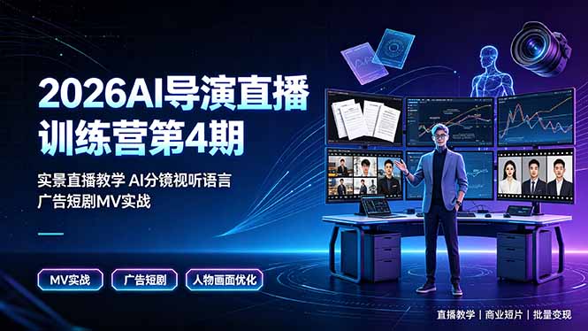 2026AI导演直播训练营第4期，实景直播教学AI分镜视听语言，广告短剧MV实战，解决人物画面崩坏痛点-52项目站