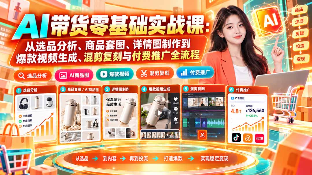 AI带货零基础实战课:从选品分析、商品套图、详情图制作到爆款视频生成、混剪复刻与付费推广全流程-52项目站