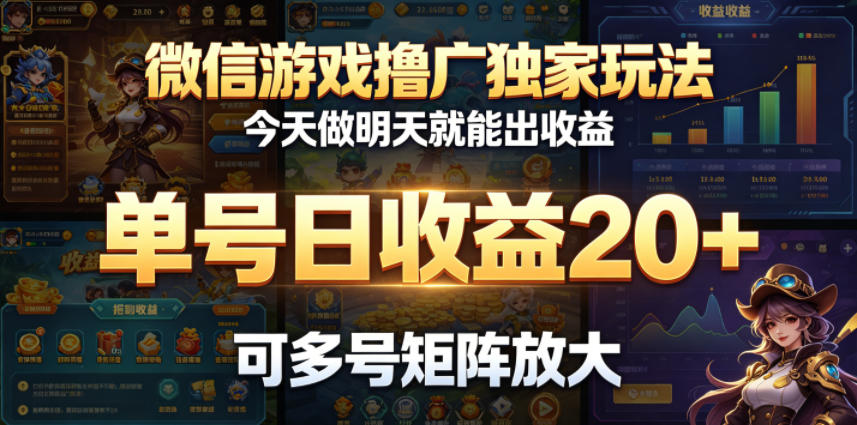 微信游戏撸广独家玩法,今天做明天就能出收益,单号日收益20+,可多号矩阵放大-52项目站